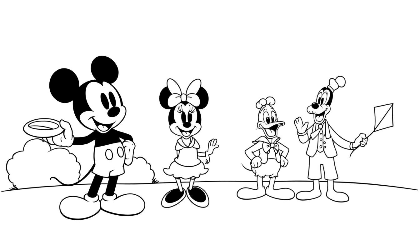 Placa de color para colorear con Mickey Mouse, Minnie Mouse, Donald Duck y Goofy jugando en un parque.