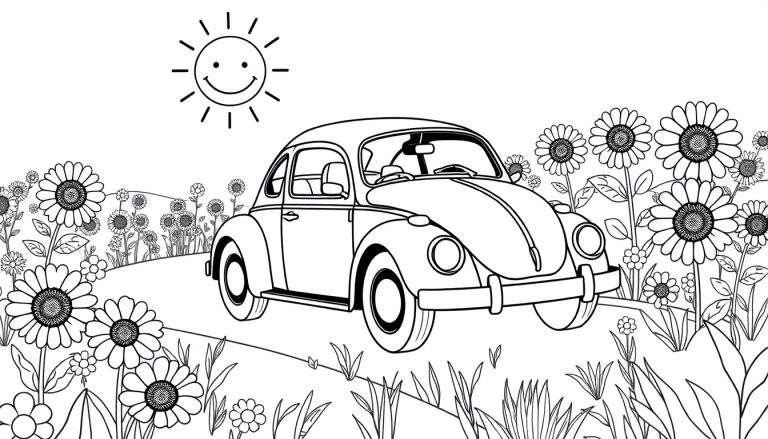Un escarabajo Volkswagen de placa de color conduciendo por un camino de girasoles bajo un sol sonriente.