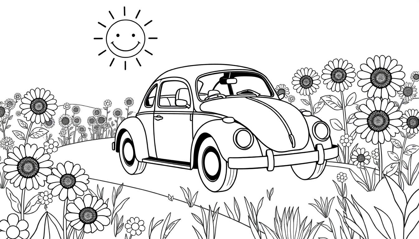 Un escarabajo Volkswagen de placa de color conduciendo por un camino de girasoles bajo un sol sonriente.