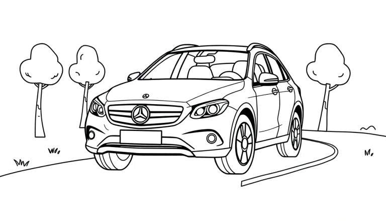 Un coche Mercedes-Benz listo para colorear, como una placa de color en blanco y negro.