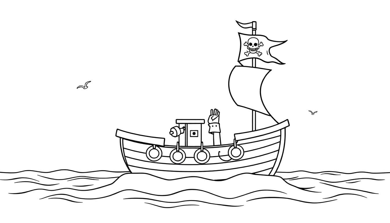 Placa de color de un barco pirata con calavera y tibias cruzadas, olas y gaviotas.