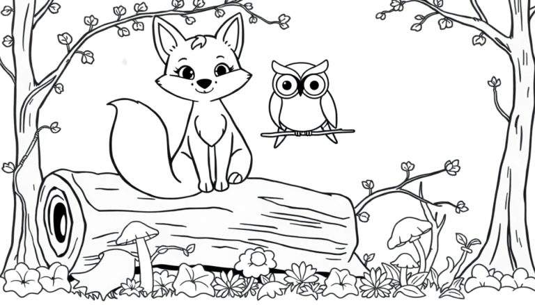 Placa de color: Dibujo lineal de un zorro amigable y un búho sabio sentados en un tronco de árbol rodeado de flores y vegetación.