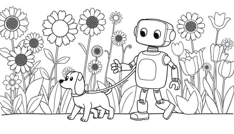 Un robot amigable pasea a su perro por un jardín de flores para colorear.