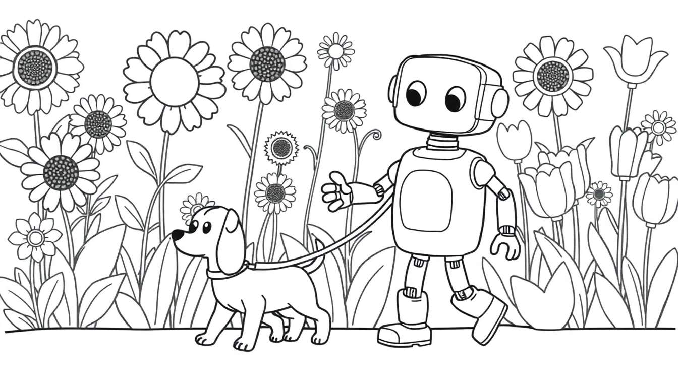 Un robot amigable pasea a su perro por un jardín de flores para colorear.