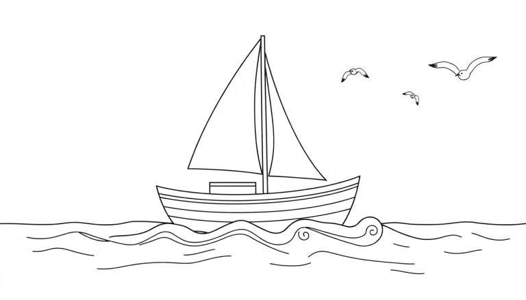 Un dibujo para colorear de un barco de vela con olas y gaviotas, una placa de color para la imaginación.