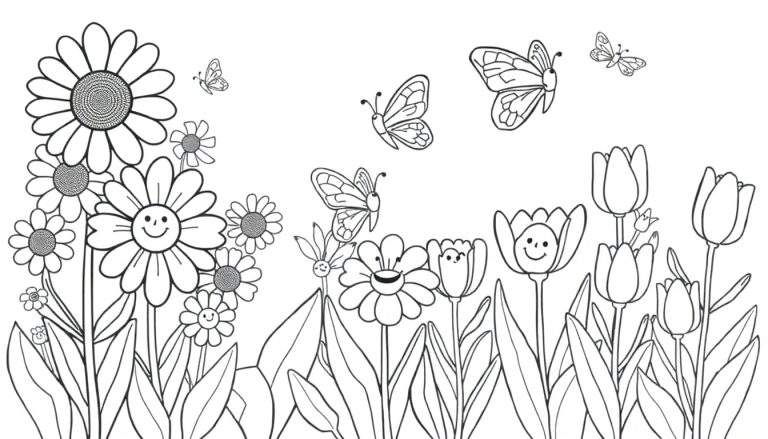 Una placa de color con un jardín lleno de flores sonrientes y mariposas revoloteando.