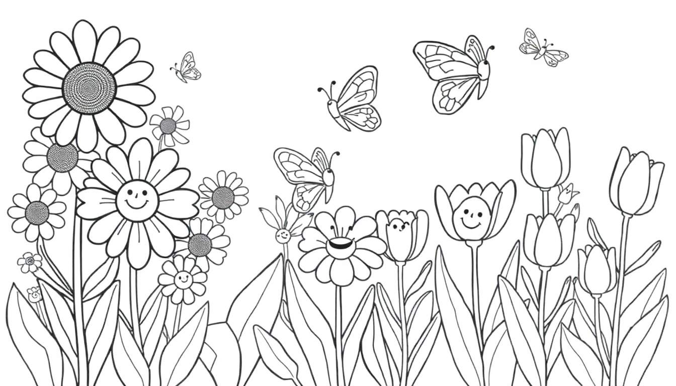 Una placa de color con un jardín lleno de flores sonrientes y mariposas revoloteando.