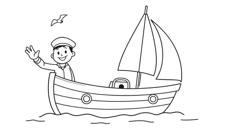 Placa de color: un niño marinero saludando desde un velero.