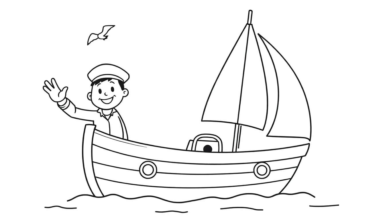Placa de color: un niño marinero saludando desde un velero.