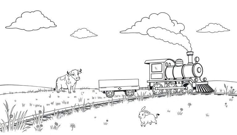 Una placa de color muestra un tren de vapor amigable viajando por un campo con una vaca y un conejo.