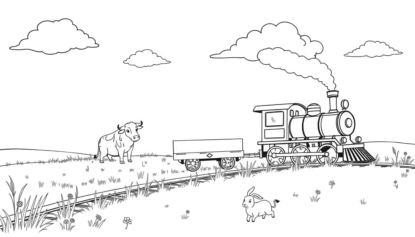 Una placa de color muestra un tren de vapor amigable viajando por un campo con una vaca y un conejo.