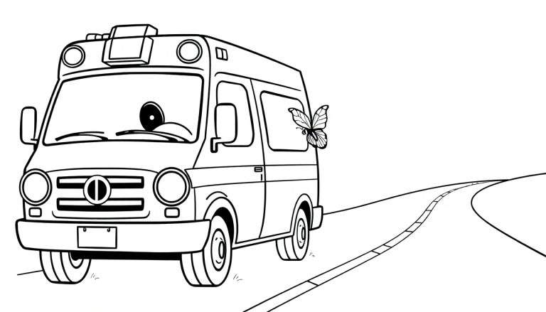 Una ambulancia de dibujos animados amigable con una mariposa en la ventana, lista para ser coloreada con su placa de color.