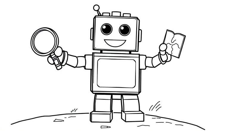 Placa de color: robot de bloques de construcción explorando con lupa y mapa.