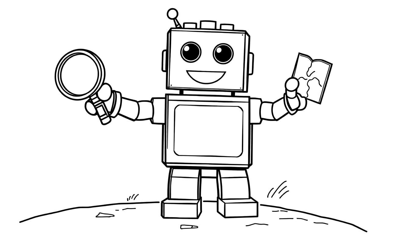 Placa de color: robot de bloques de construcción explorando con lupa y mapa.