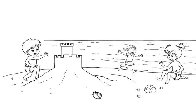 Página para colorear en blanco y negro de tres niños jugando en la playa, uno saluda desde un montículo de arena cerca de un castillo de arena, otro corre con los brazos extendidos, y el tercero saluda desde la arena cerca de conchas marinas.