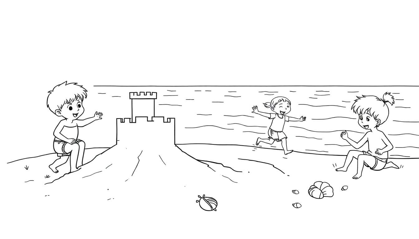 Página para colorear en blanco y negro de tres niños jugando en la playa, uno saluda desde un montículo de arena cerca de un castillo de arena, otro corre con los brazos extendidos, y el tercero saluda desde la arena cerca de conchas marinas.