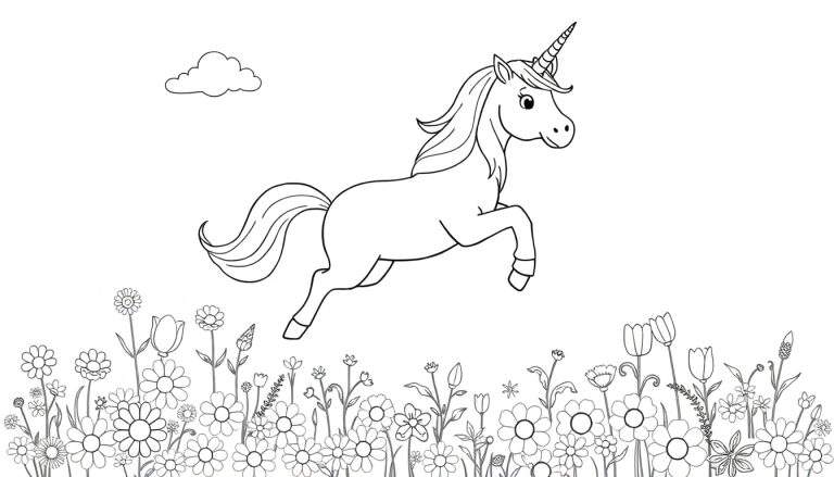 Unicornio saltando en campo de flores, página para colorear en blanco y negro, placa de color.