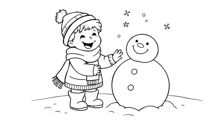Página para colorear en blanco y negro de un niño feliz jugando en la nieve con un muñeco de nieve sonriente, placa de color.