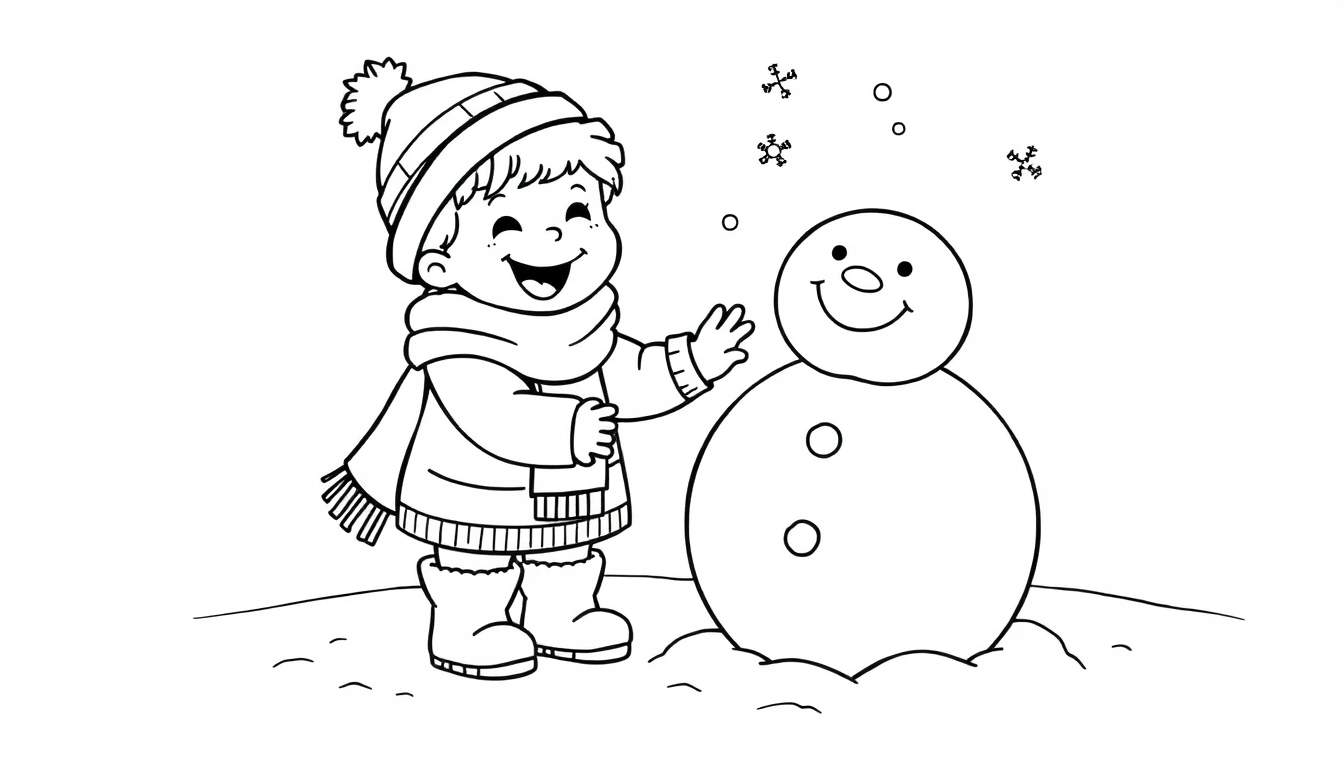 Página para colorear en blanco y negro de un niño feliz jugando en la nieve con un muñeco de nieve sonriente, placa de color.