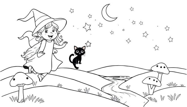 Placa de color de una joven bruja volando con su gato negro bajo la luna y las estrellas.