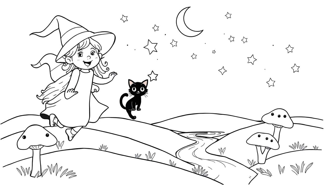 Placa de color de una joven bruja volando con su gato negro bajo la luna y las estrellas.