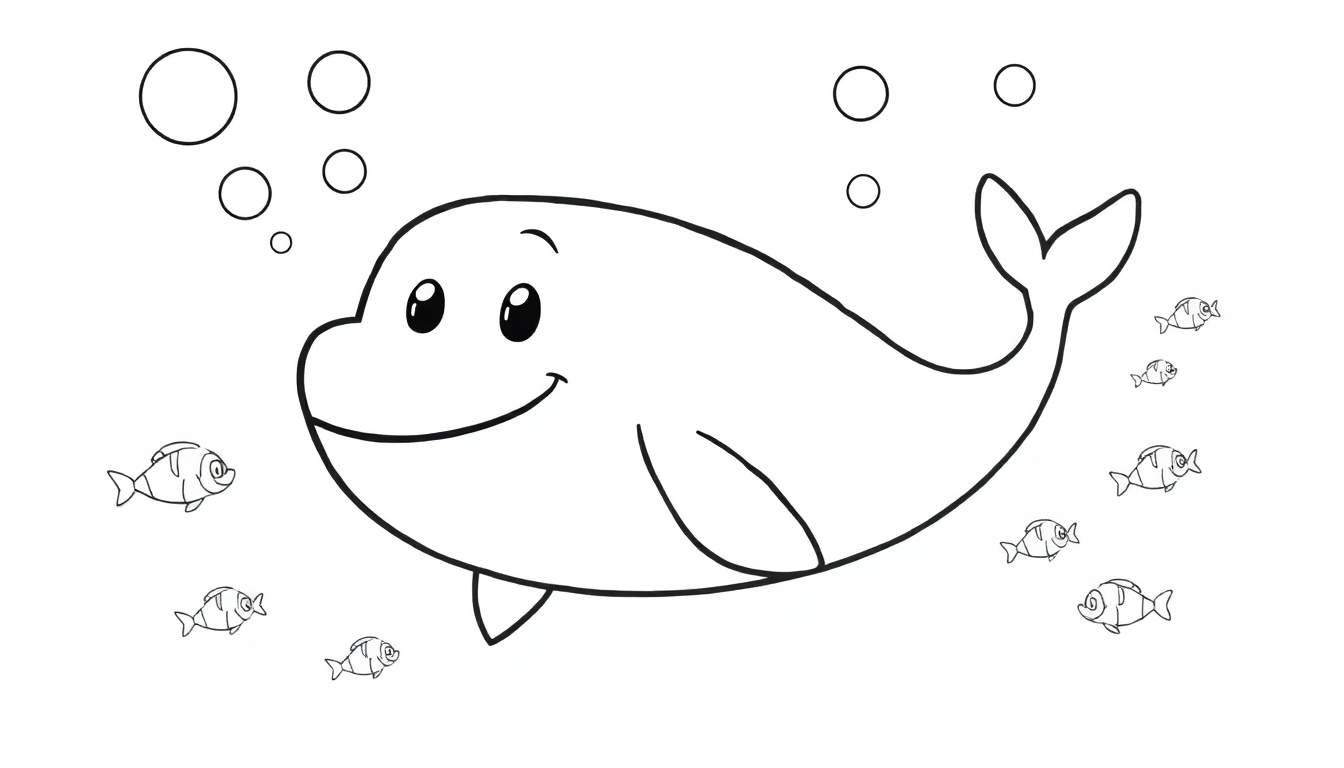 Placa de color: una ballena sonriente amigable con peces y burbujas.