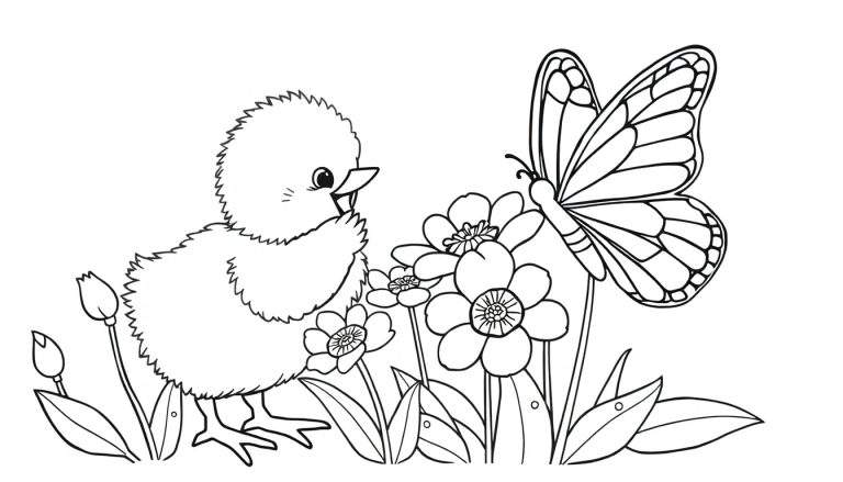 Un pollito amarillo buscando la placa de color entre flores y una mariposa.