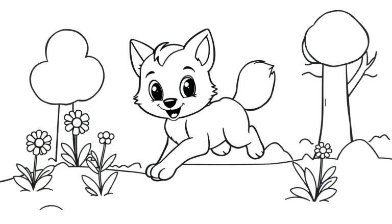 Página para colorear de un lobo amigable en el bosque, listo para ser coloreado.