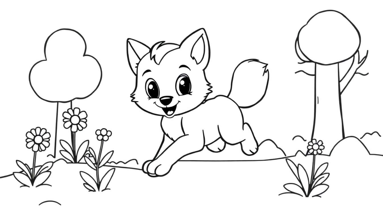 Página para colorear de un lobo amigable en el bosque, listo para ser coloreado.