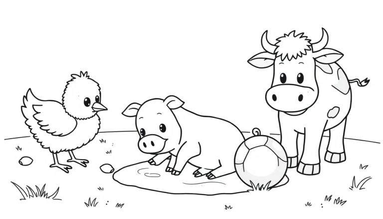 Placa de color en blanco y negro de un pollito, un cerdo y una vaca juguetones en una granja.