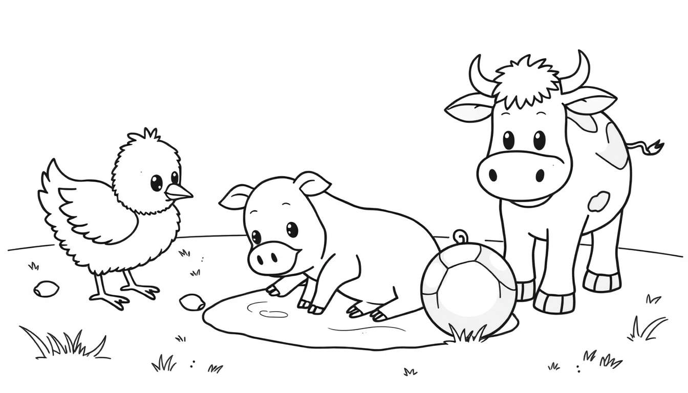 Placa de color en blanco y negro de un pollito, un cerdo y una vaca juguetones en una granja.