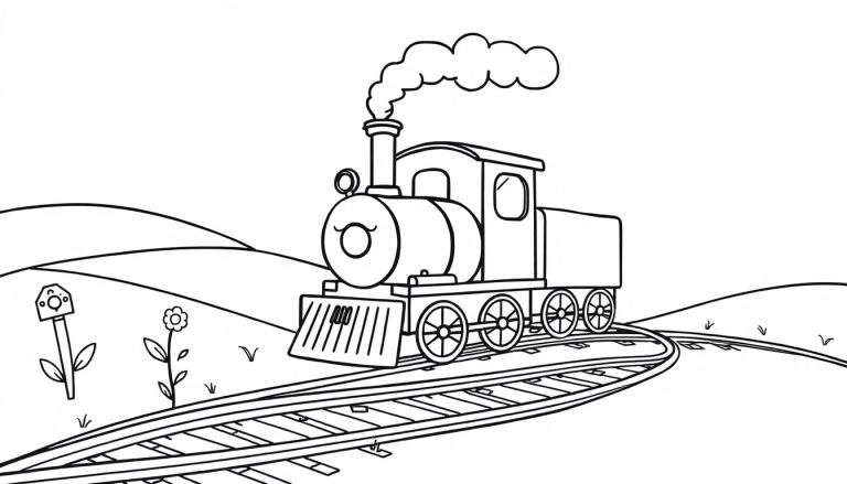 Una encantadora placa de color de un tren de vapor sonriente saliendo humo, listo para ser coloreado.