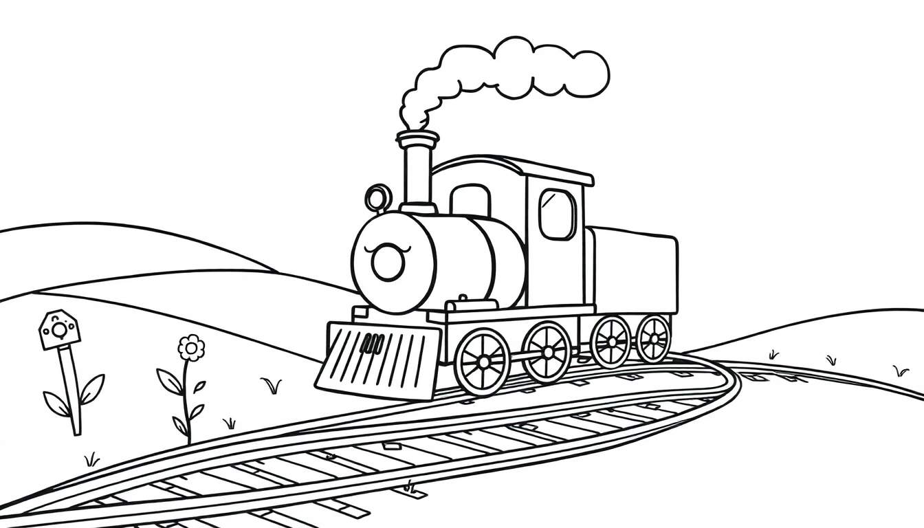 Una encantadora placa de color de un tren de vapor sonriente saliendo humo, listo para ser coloreado.