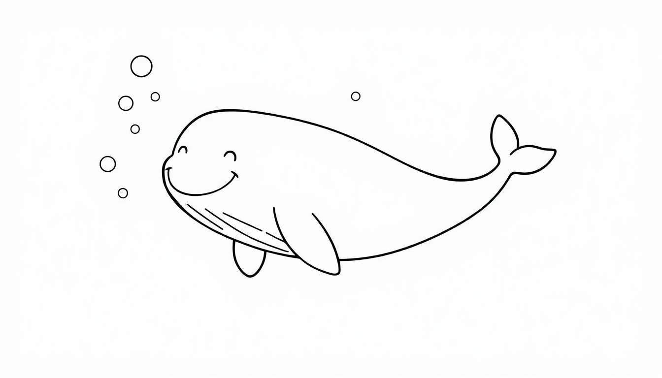 Dibujo lineal de una ballena sonriente con burbujas, lista para colorear con la placa de color.