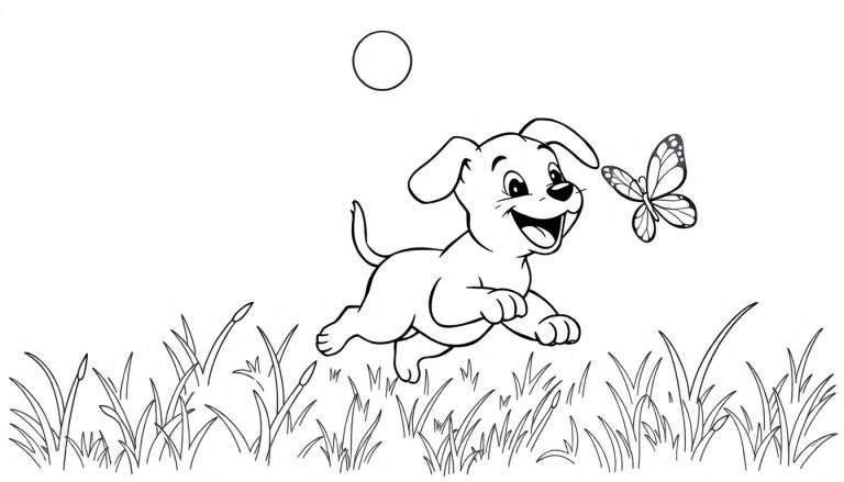 Perrita Bella persiguiendo una mariposa en un prado, para colorear. Placa de color.