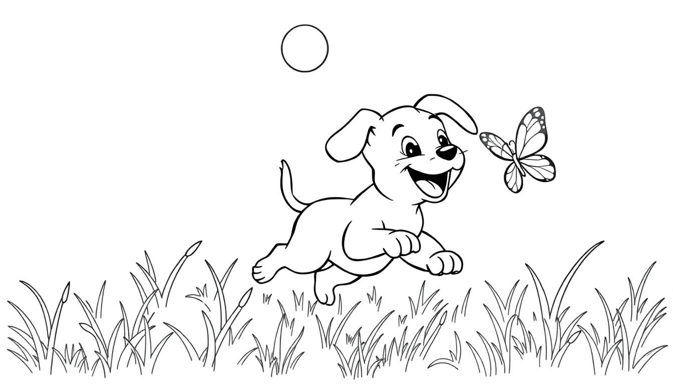 Perrita Bella persiguiendo una mariposa en un prado, para colorear. Placa de color.