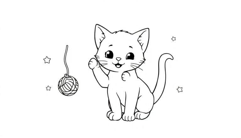 Placa de color: Dibujo lineal de un gato juguetón llamado Bella con un ovillo de lana.