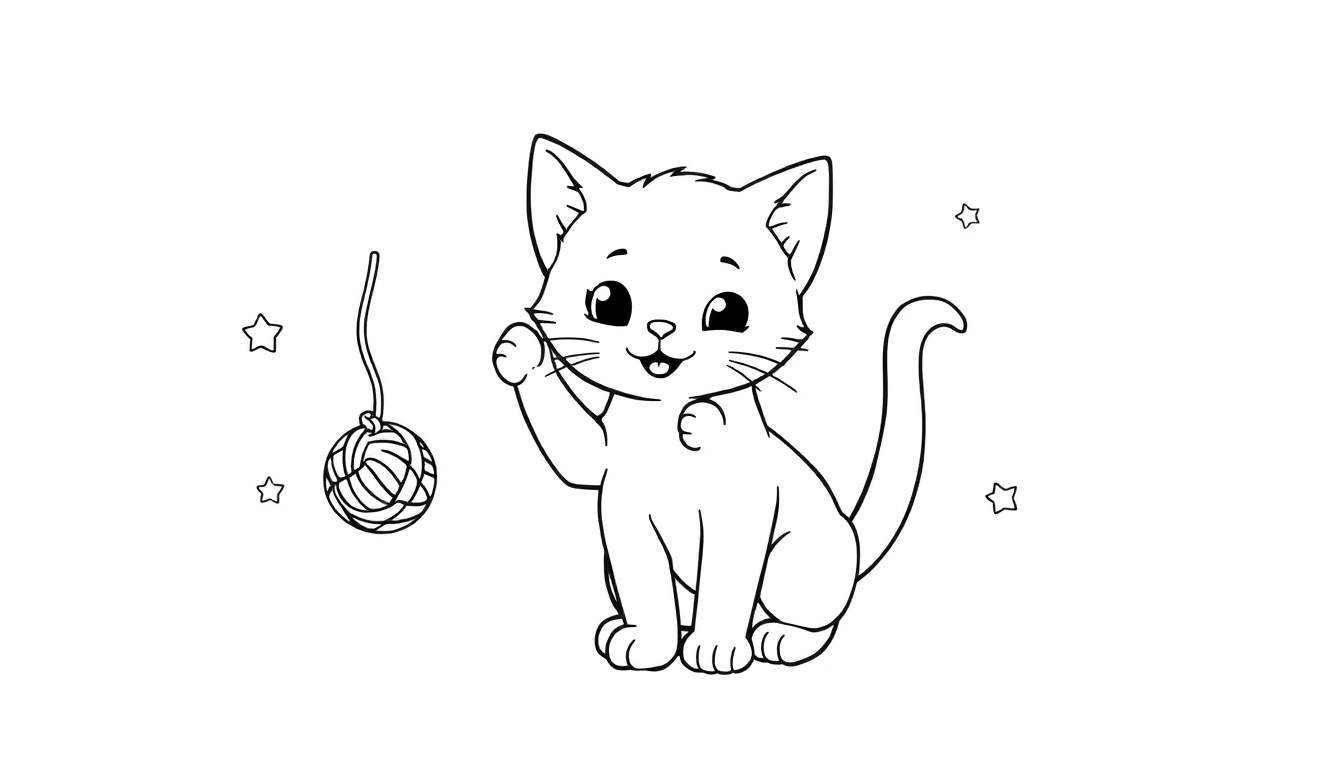 Placa de color: Dibujo lineal de un gato juguetón llamado Bella con un ovillo de lana.