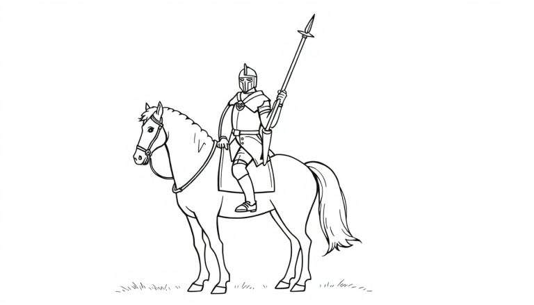 Dibujo lineal de un caballero medieval con armadura completa a caballo, sosteniendo una lanza, listo para una aventura en una placa de color.