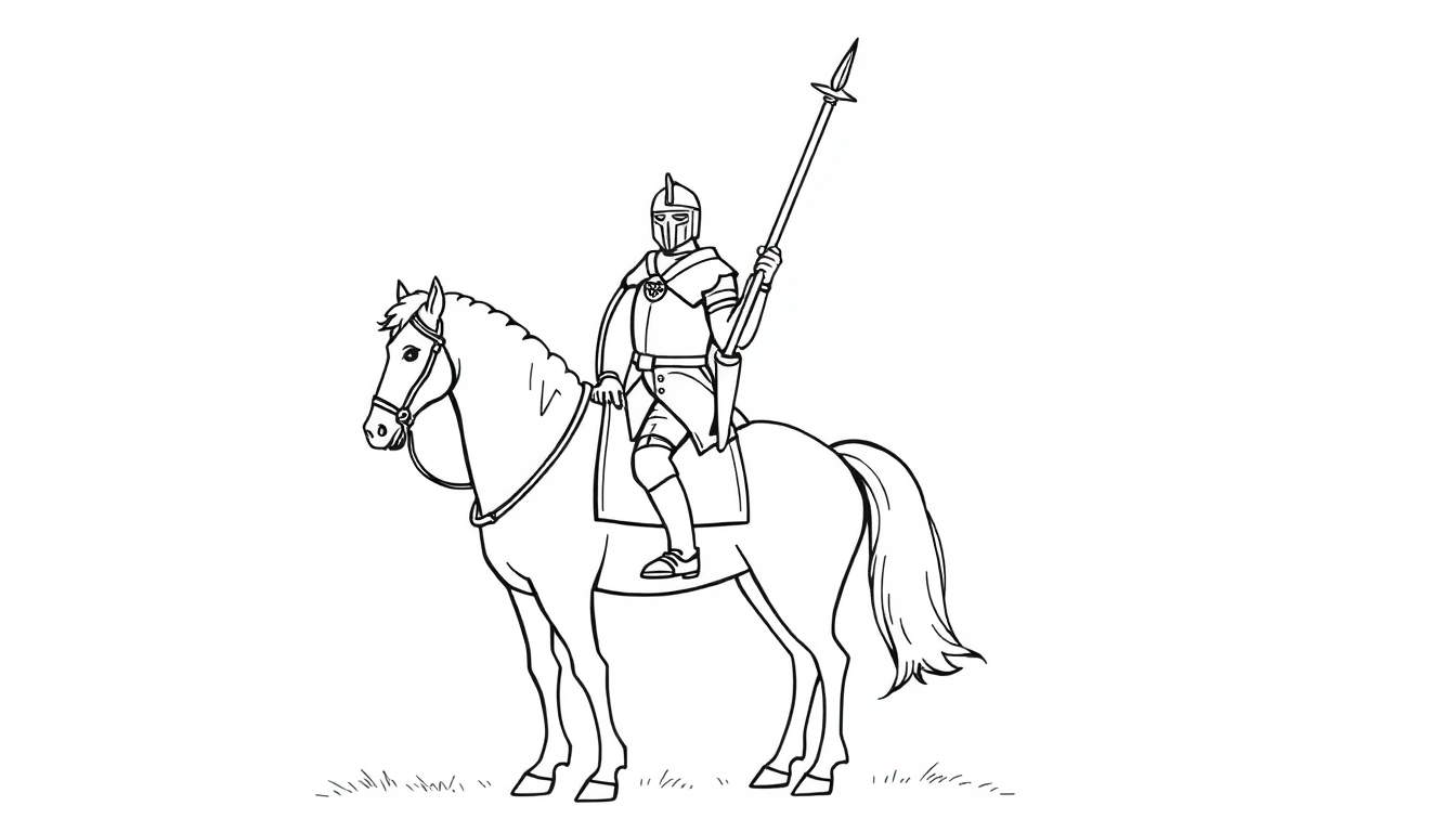 Dibujo lineal de un caballero medieval con armadura completa a caballo, sosteniendo una lanza, listo para una aventura en una placa de color.
