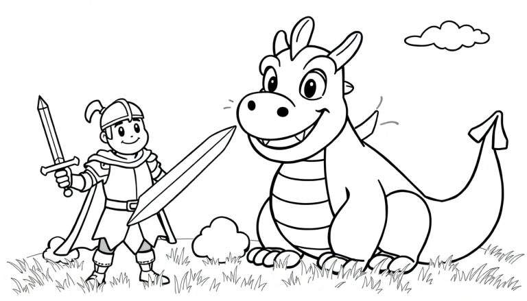 Página para colorear en blanco y negro de un niño caballero sonriente con dos espadas y un dragón amigable sonriendo, en un campo cubierto de hierba bajo una nube.