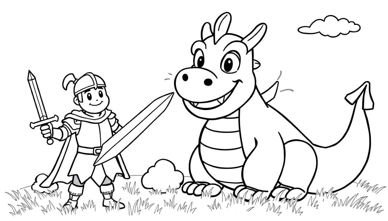Página para colorear en blanco y negro de un niño caballero sonriente con dos espadas y un dragón amigable sonriendo, en un campo cubierto de hierba bajo una nube.