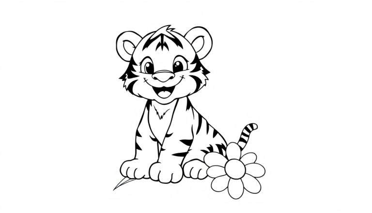 Un dibujo lineal de un cachorro de tigre con una flor, listo para ser coloreado en una placa de color.