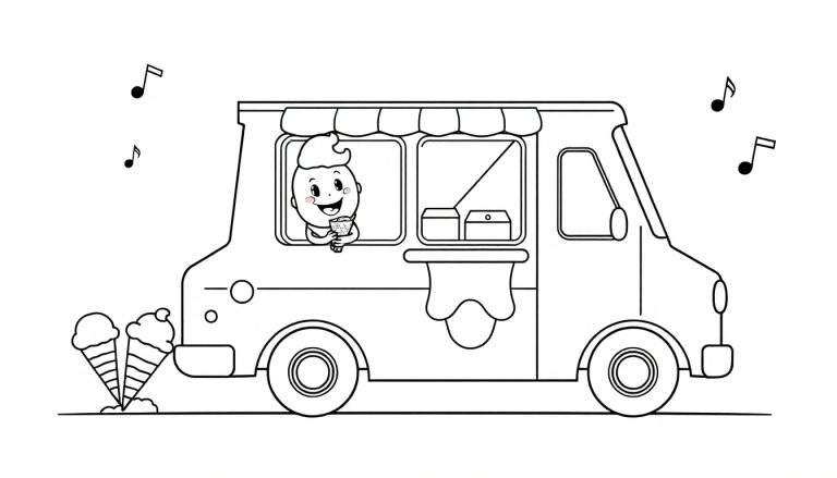 Un personaje de caricatura sonriente con cabello rizado y un helado, asomándose por la ventana de un camión de helados con una marquesina. Hay notas musicales flotando y conos de helado caídos en el suelo, todo en un estilo de dibujo lineal para colorear con placa de color.