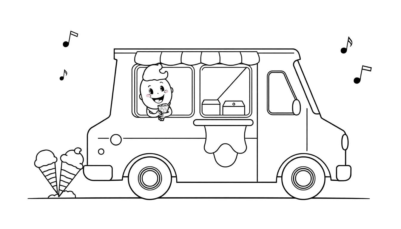 Un personaje de caricatura sonriente con cabello rizado y un helado, asomándose por la ventana de un camión de helados con una marquesina. Hay notas musicales flotando y conos de helado caídos en el suelo, todo en un estilo de dibujo lineal para colorear con placa de color.