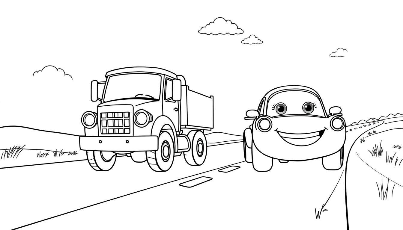 Un camión volquete amigable y un coche sonriente viajando por una carretera soleada, todo listo para colorear con una placa de color.
