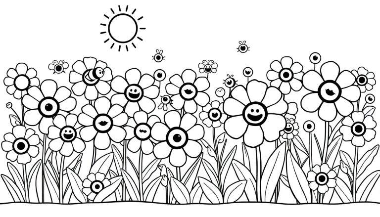 Una página para colorear de un campo lleno de flores con caras sonrientes, lista para colorear con tu placa de color favorita.
