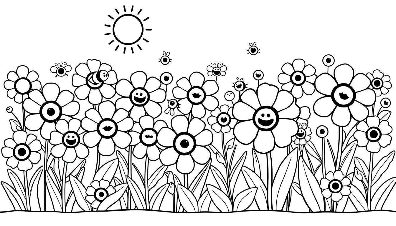 Una página para colorear de un campo lleno de flores con caras sonrientes, lista para colorear con tu placa de color favorita.