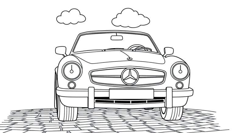 Un coche Mercedes-Benz clásico en blanco y negro, listo para ser coloreado, con la placa de color esperando.