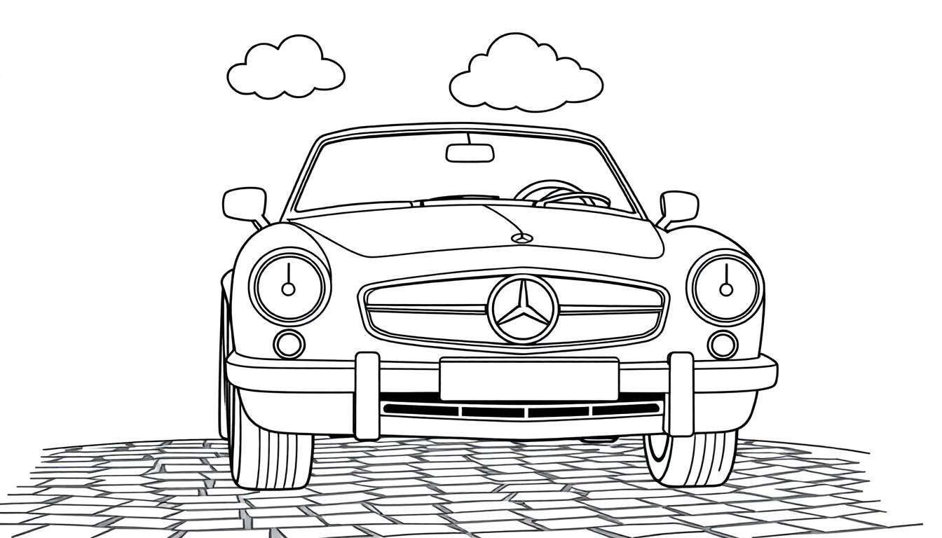 Un coche Mercedes-Benz clásico en blanco y negro, listo para ser coloreado, con la placa de color esperando.